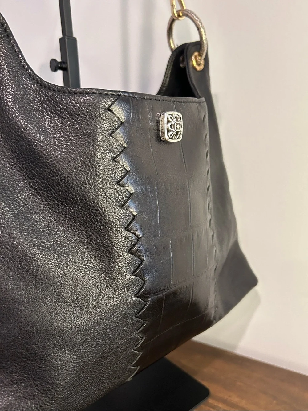 Brighton Registered Black Leather Croc Embossed Hobo Bag Braided Handle ✈️ 🇯🇵